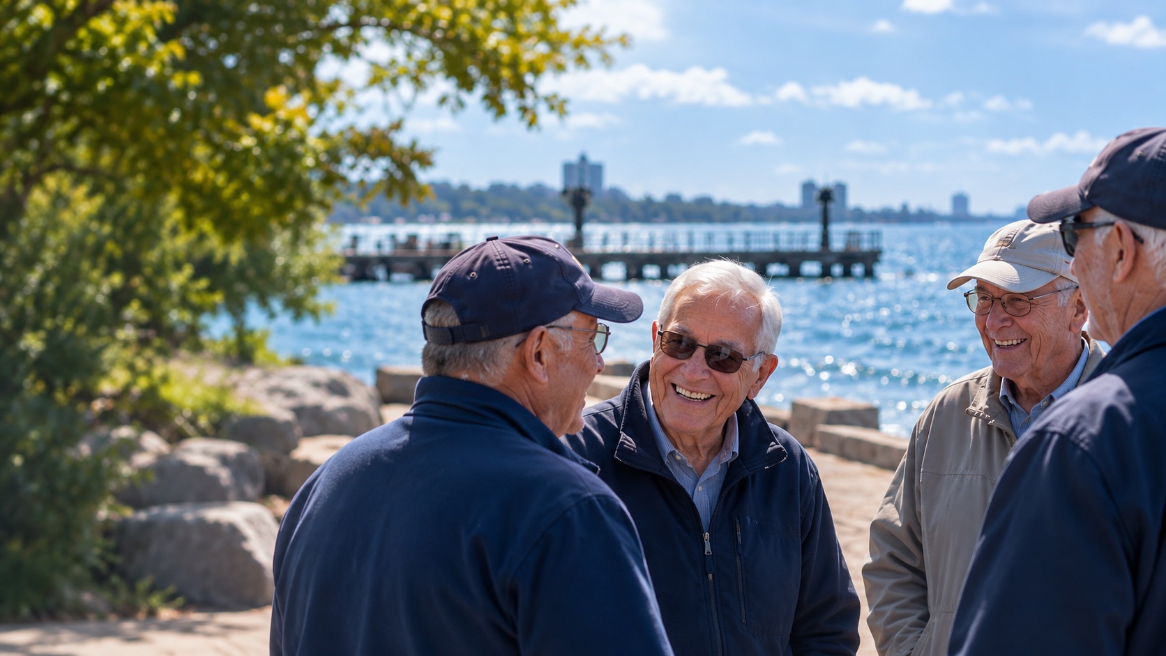 Friends enjoying conversation beside the lakeshore